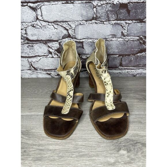 Fidji Ivory Leather Snake Skin Anke Strap Print Brown Heel Sandals Women 38.5EU - Picture 2 of 16